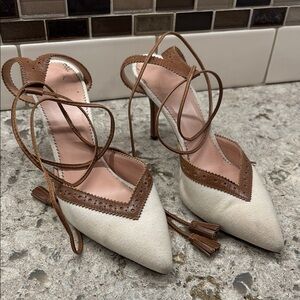 J. Crew Cream linen and Brown leather Pointed-Toe Heels with ankle tie closure